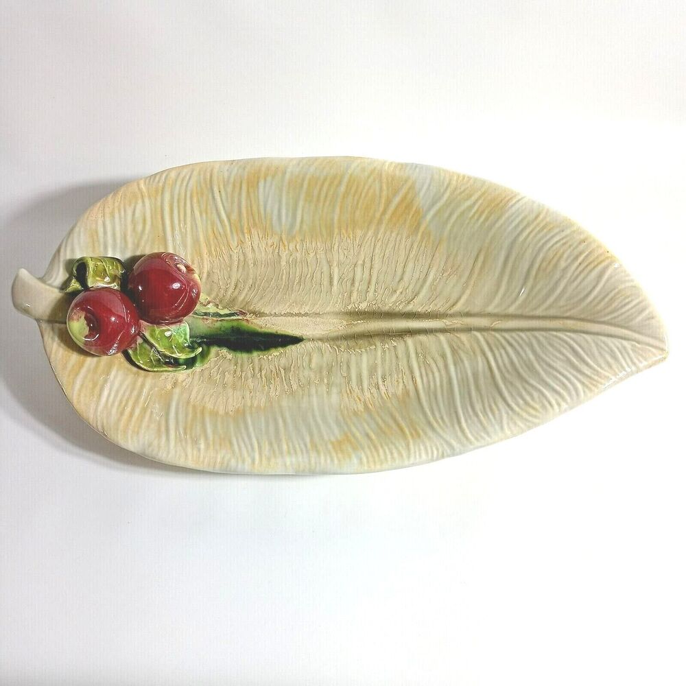 ENCHANTO Dish #324 Pottery Leaf Red Apples California USA approximately 8" x 16"
